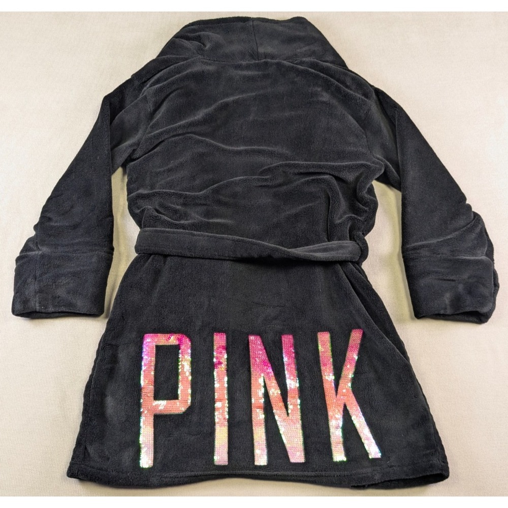 Victorias Secret PINK Robe Womens XS Black Fleece Bling Bath Kimono Sleep Y2K